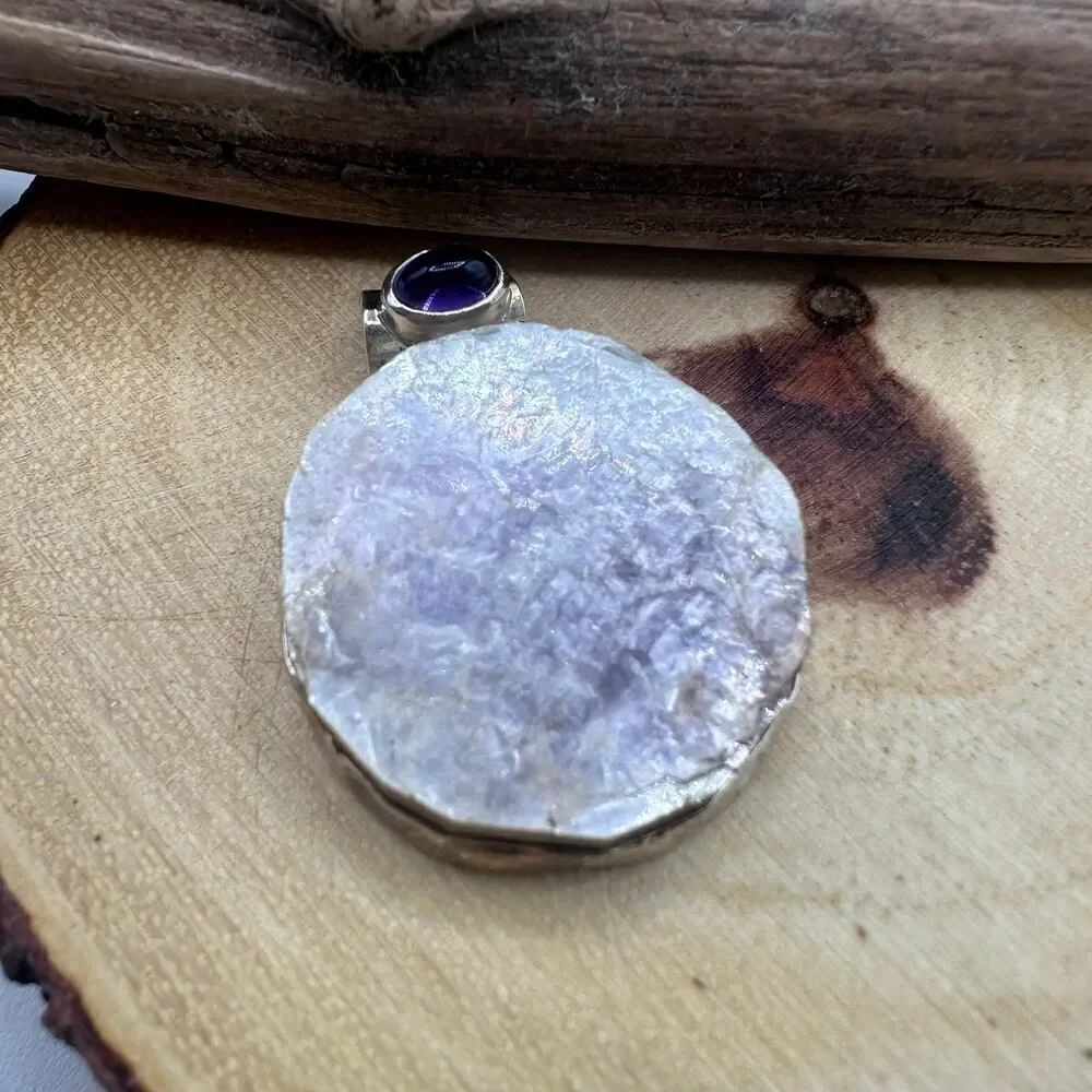 Flashy Lepidolite Mica & Amethyst Sterling Silver Pendant